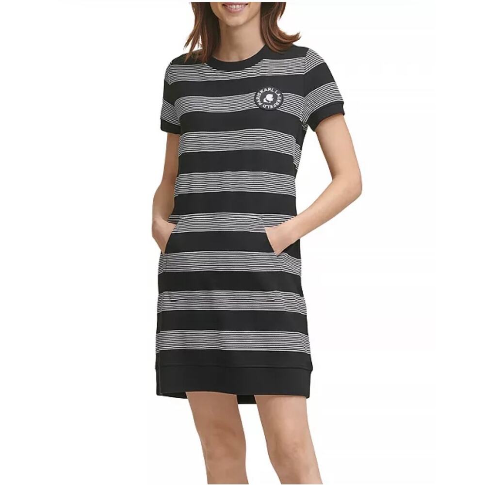 KARL LAGERFELD Paris Striped Logo Patch Dress with Pocket